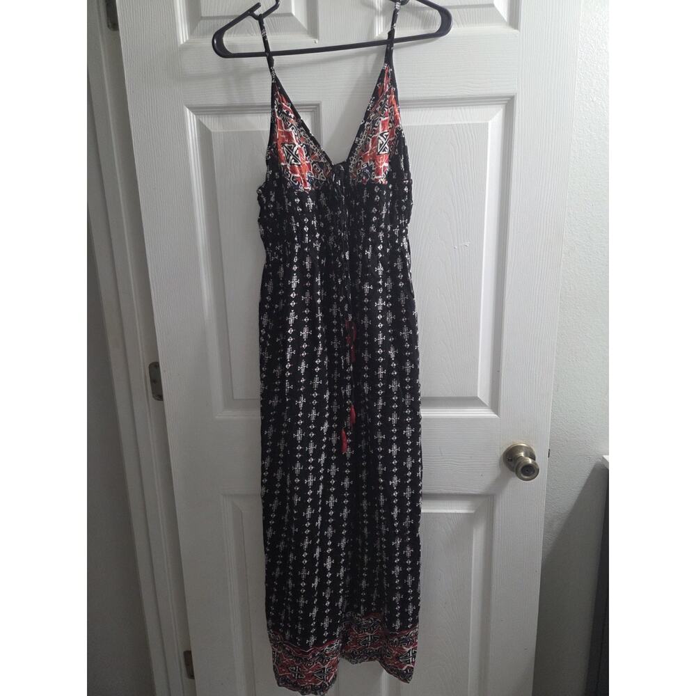 Angie Women's Black Tribal Boho Wide Leg Jumpsuit Spaghetti Straps Pockets LG